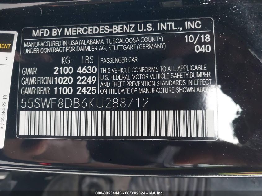 2019 Mercedes-Benz C 300 VIN: 55SWF8DB6KU288712 Lot: 39534445