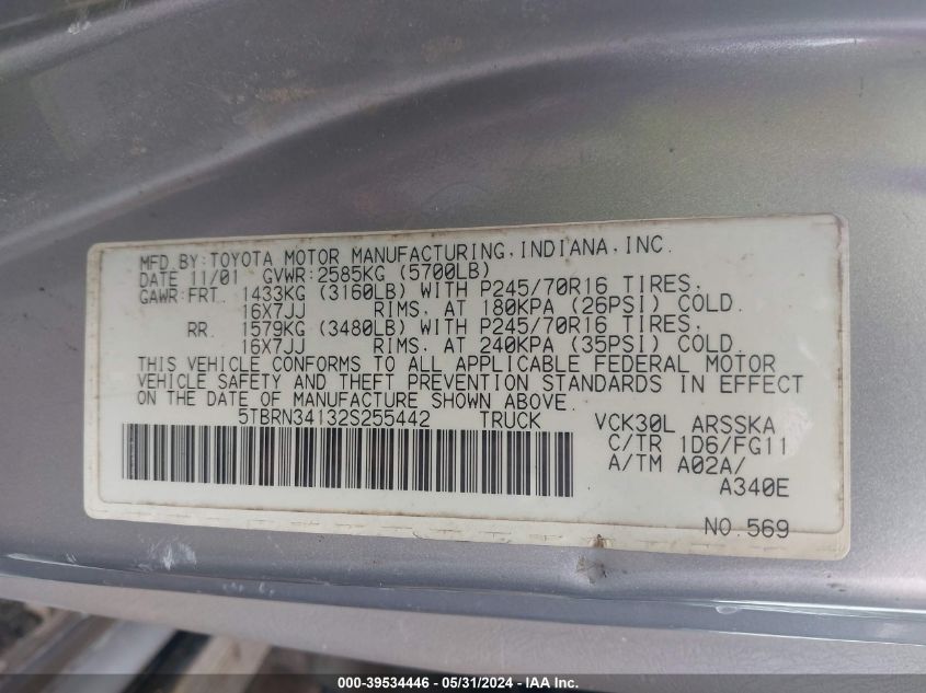 2002 Toyota Tundra Sr5 VIN: 5TBRN34132S255442 Lot: 39534446