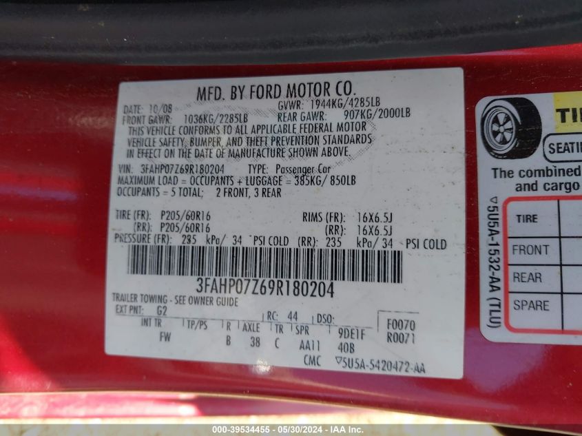 2009 Ford Fusion Se VIN: 3FAHP07Z69R180204 Lot: 39534455