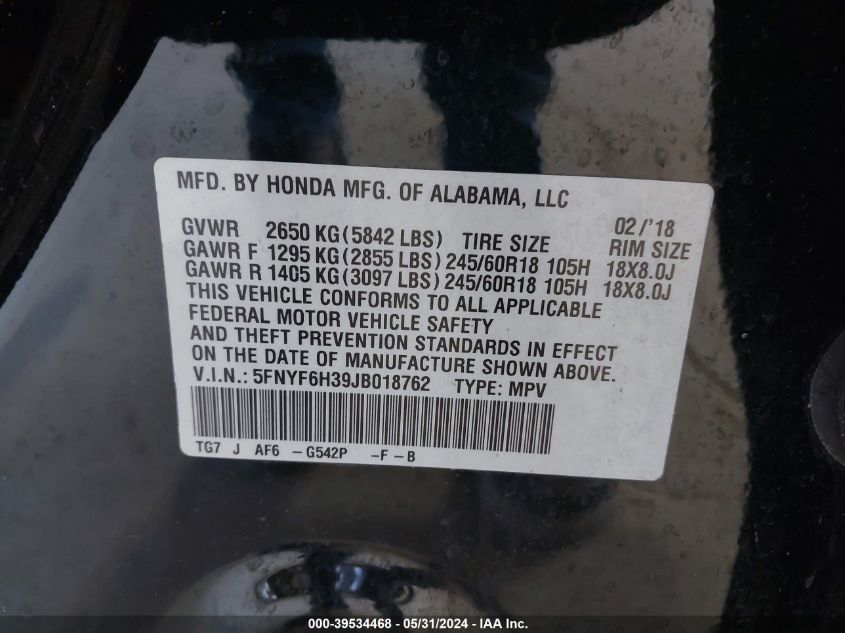 2018 Honda Pilot Ex VIN: 5FNYF6H39JB018762 Lot: 39534468