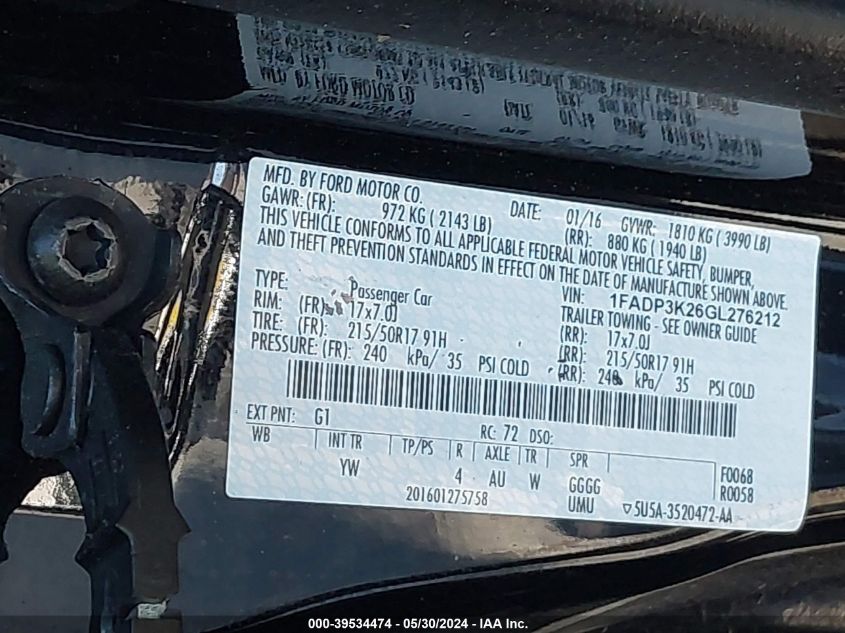 2016 Ford Focus Se VIN: 1FADP3K26GL276212 Lot: 39534474