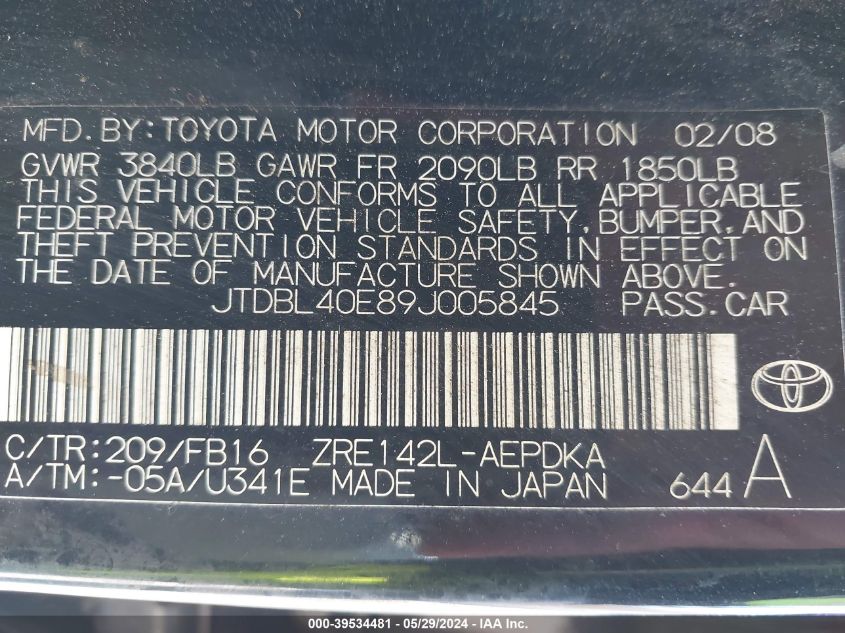 2009 Toyota Corolla VIN: JTDBL40E89J005845 Lot: 39534481