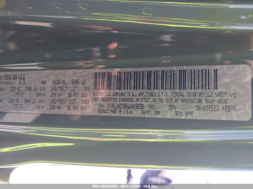 2019 Jeep Wrangler Unlimited Sport S 4X4 VIN: 1C4HJXDG8KW603696 Lot: 39534484