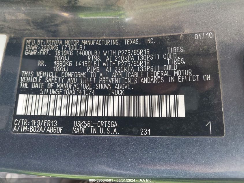 2010 Toyota Tundra Grade 5.7L V8 VIN: 5TFUW5F10AX141074 Lot: 39534501
