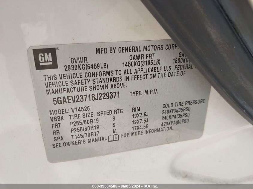 2008 Buick Enclave Cxl VIN: 5GAEV23718J229371 Lot: 39534505