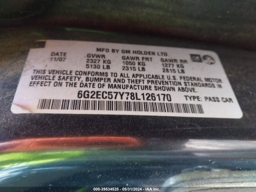 2008 Pontiac G8 Gt VIN: 6G2EC57Y78L126170 Lot: 39534525