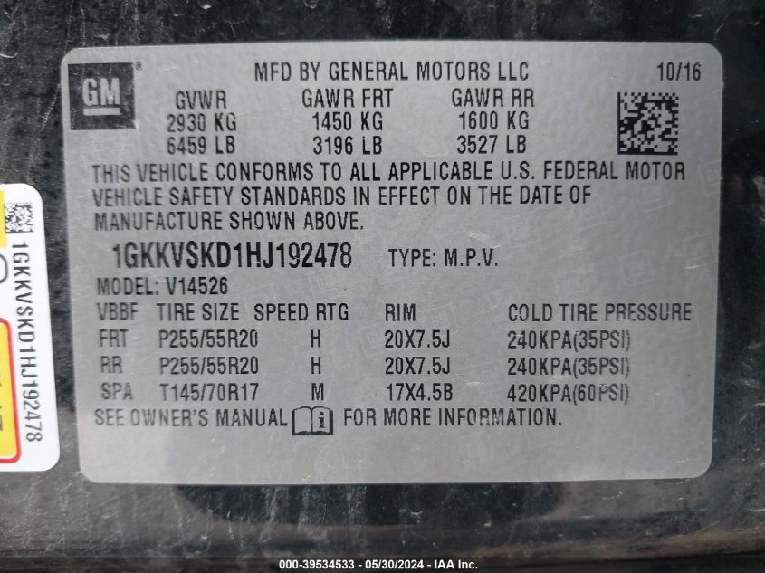 2017 GMC Acadia Limited VIN: 1GKKVSKD1HJ192478 Lot: 39534533