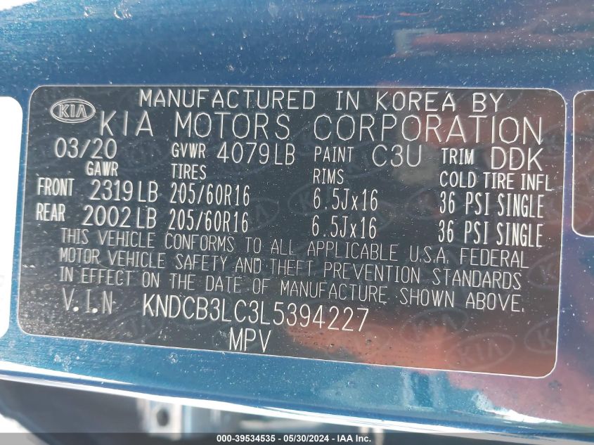 2020 Kia Niro Lx VIN: KNDCB3LC3L5394227 Lot: 39534535