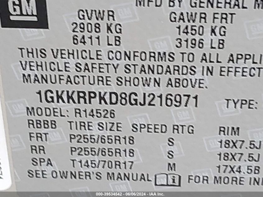 2016 GMC Acadia Sle-2 VIN: 1GKKRPKD8GJ216971 Lot: 39534542