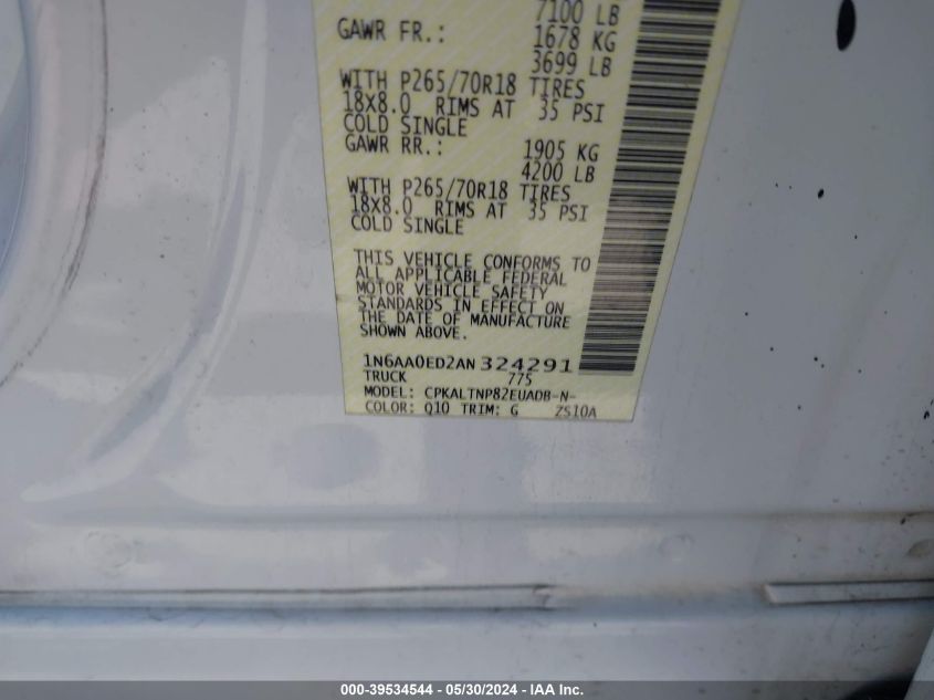 2010 Nissan Titan Se VIN: 1N6AA0ED2AN324291 Lot: 39534544