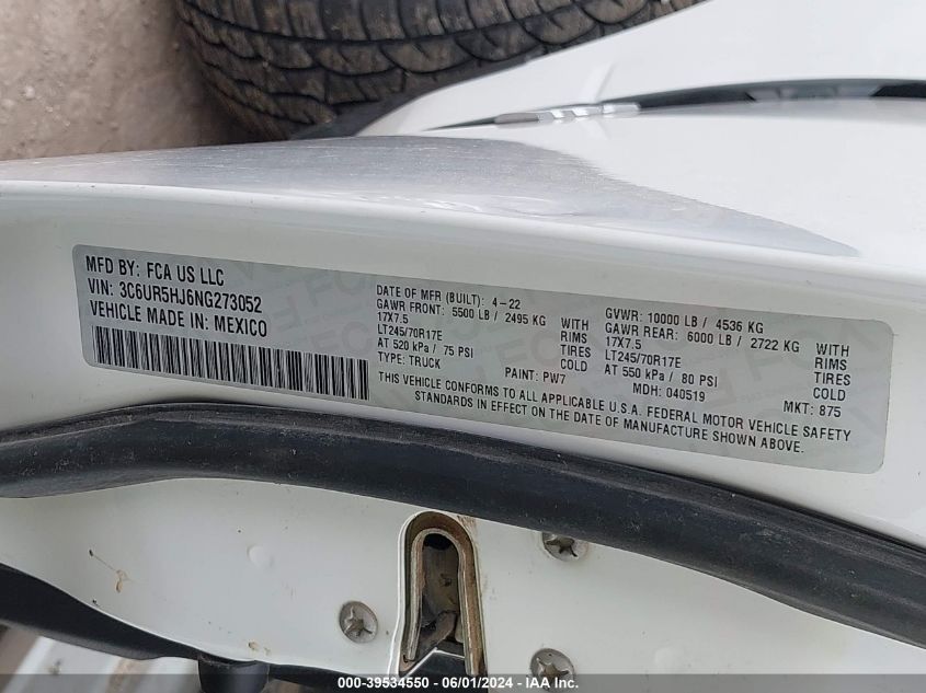 2022 Ram 2500 Tradesman VIN: 3C6UR5HJ6NG273052 Lot: 39534550