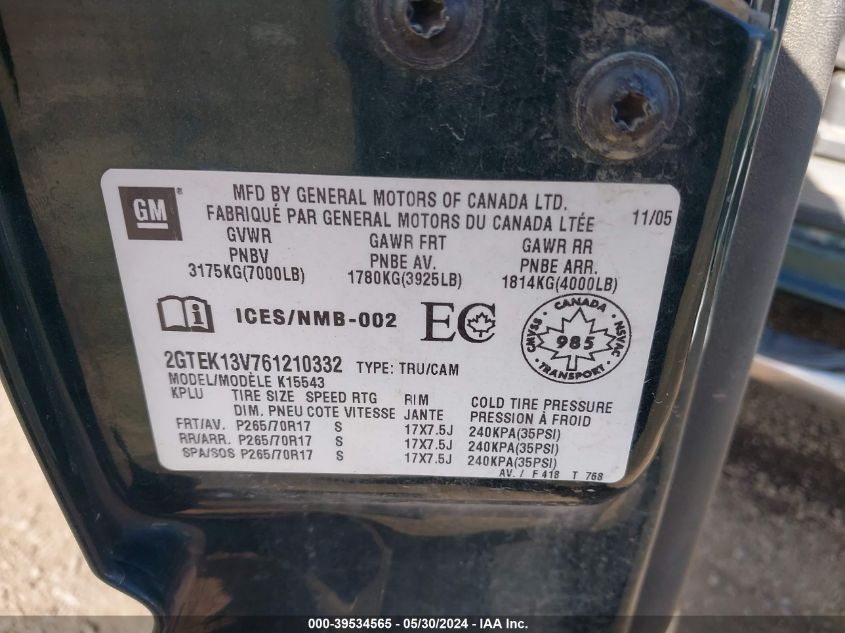 2006 GMC Sierra 1500 Sl VIN: 2GTEK13V761210332 Lot: 39534565