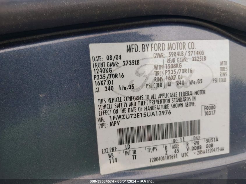 2005 Ford Explorer Xlt/Xlt Sport VIN: 1FMZU73E15UA13976 Lot: 39534574