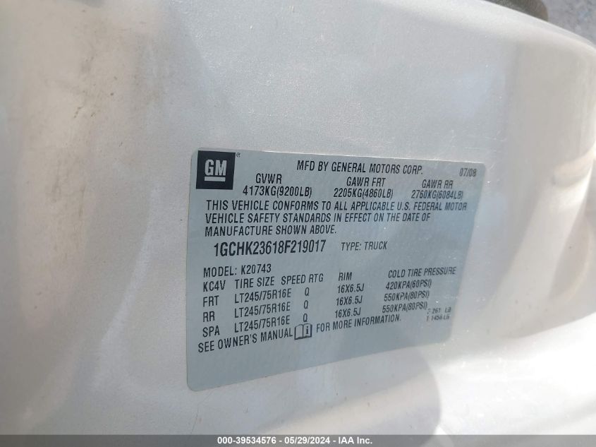 2008 Chevrolet Silverado 2500Hd Lt1 VIN: 1GCHK23618F219017 Lot: 39534576