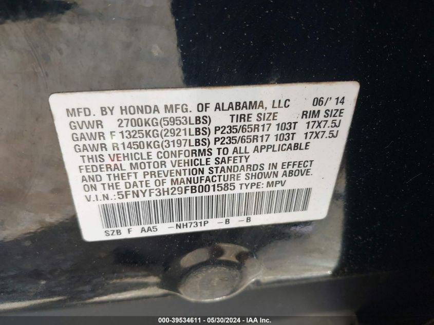 5FNYF3H29FB001585 2015 Honda Pilot Lx