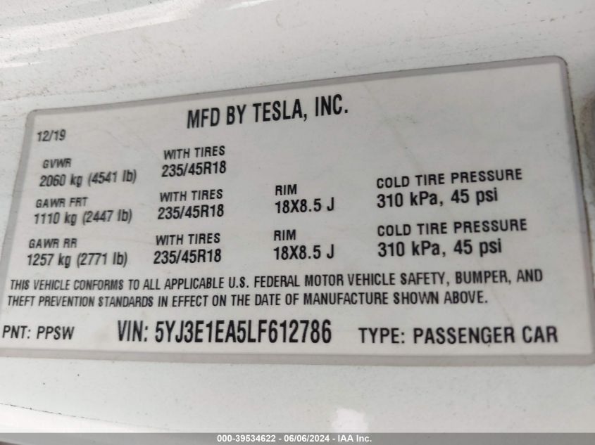 2020 Tesla Model 3 Standard Range Plus Rear-Wheel Drive/Standard Range Rear-Wheel Drive VIN: 5YJ3E1EA5LF612786 Lot: 39534622