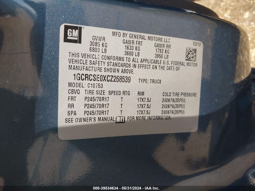 2012 Chevrolet Silverado 1500 Lt VIN: 1GCRCSE0XCZ268539 Lot: 39534634