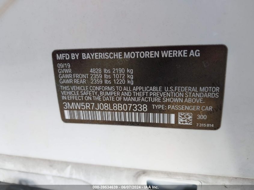 2020 BMW 330I xDrive VIN: 3MW5R7J08L8B07338 Lot: 39534639
