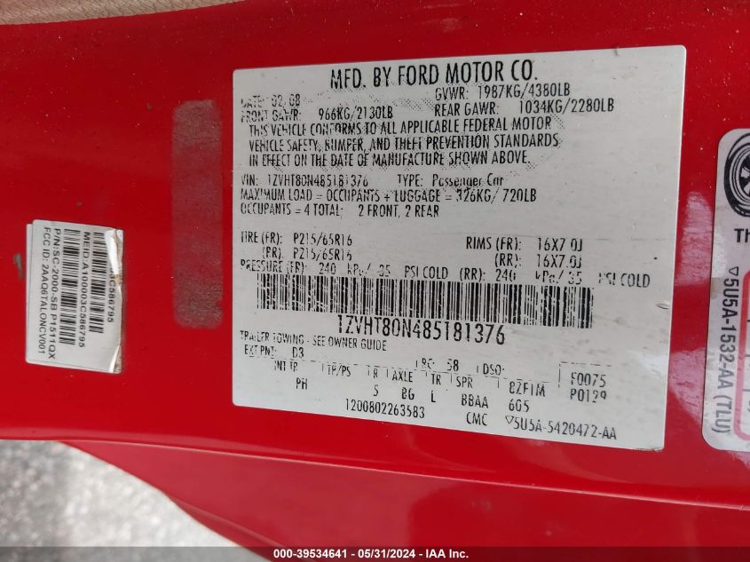 2008 Ford Mustang V6 Deluxe/V6 Premium VIN: 1ZVHT80N485181376 Lot: 39534641