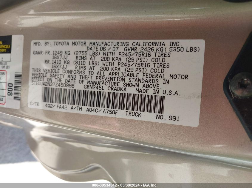 2007 Toyota Tacoma Access Cab VIN: 5TEUU42N37Z450998 Lot: 39534642