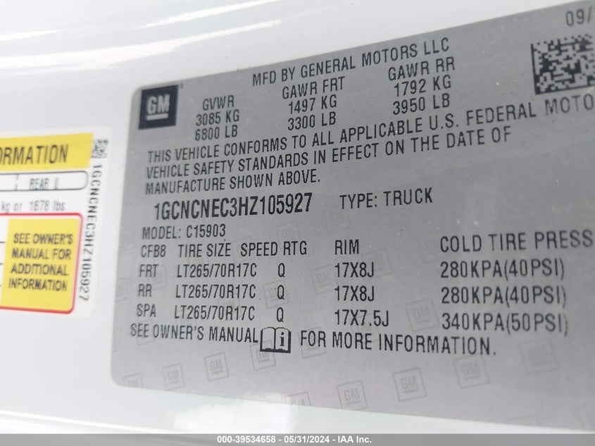 2017 Chevrolet Silverado 1500 Wt VIN: 1GCNCNEC3HZ105927 Lot: 39534658