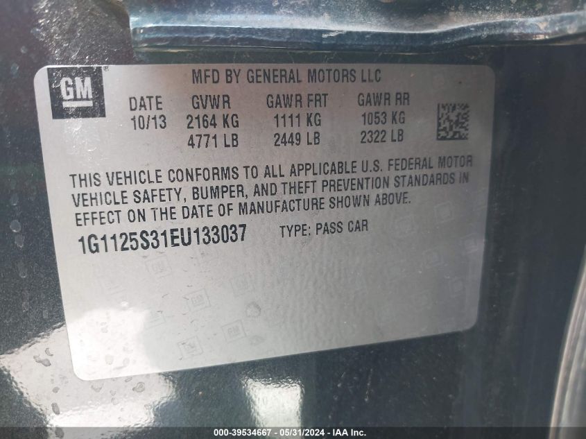 2014 Chevrolet Impala 2Lt VIN: 1G1125S31EU133037 Lot: 39534667