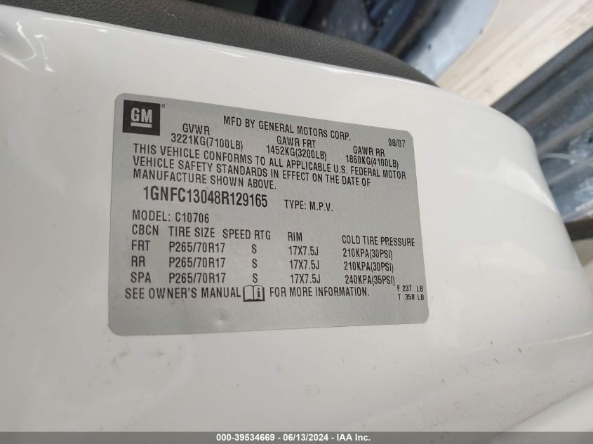 2008 Chevrolet Tahoe Lt VIN: 1GNFC13048R129165 Lot: 39534669