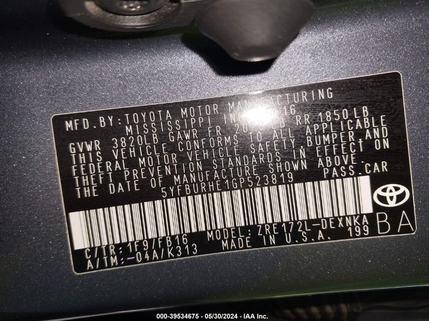 2016 Toyota Corolla Le Plus VIN: 5YFBURHE1GP523819 Lot: 39534675