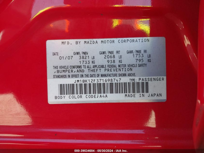 2007 Mazda Mazda3 I VIN: JM1BK12F371698747 Lot: 39534684
