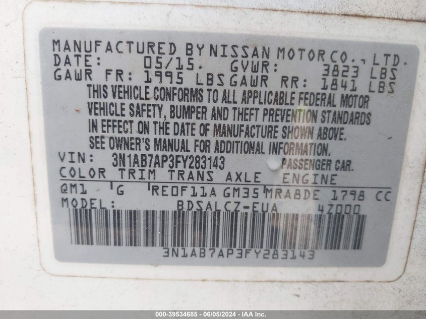 2015 Nissan Sentra S VIN: 3N1AB7AP3FY283143 Lot: 39534685