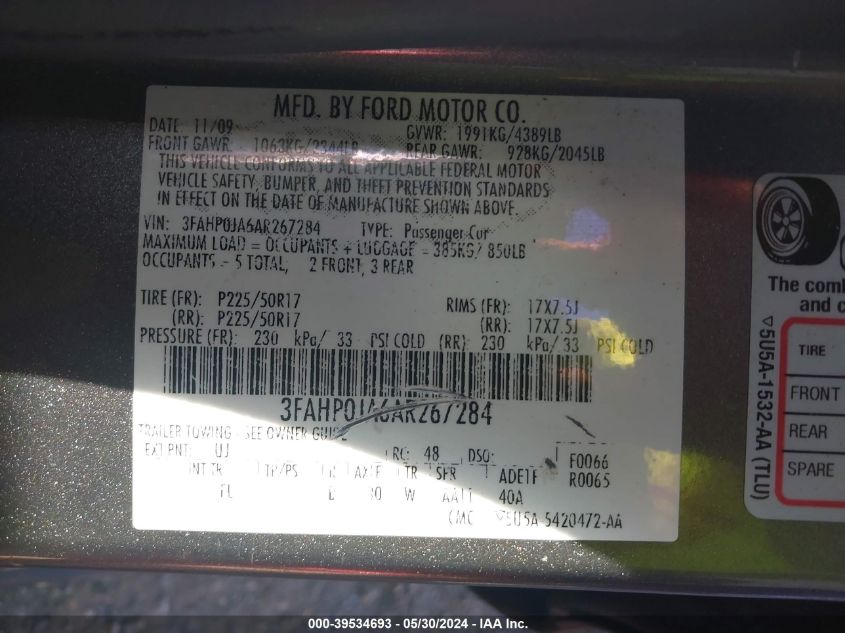 2010 Ford Fusion Sel VIN: 3FAHP0JA6AR267284 Lot: 39534693