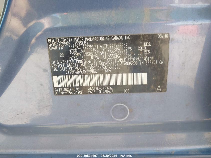 2010 Toyota Rav4 VIN: 2T3BF4DVXAW058652 Lot: 39534697