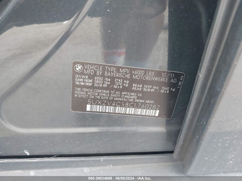 2012 BMW X5 xDrive35I/xDrive35I Premium/xDrive35I Sport Activity VIN: 5UXZV4C58CL760282 Lot: 39534699