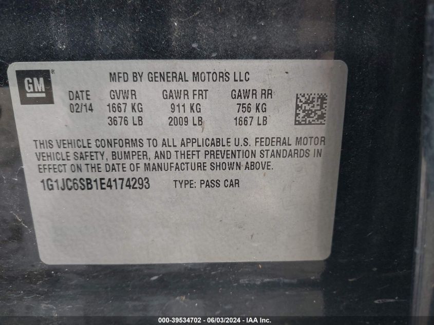 2014 Chevrolet Sonic Lt Auto VIN: 1G1JC6SB1E4174293 Lot: 39534702