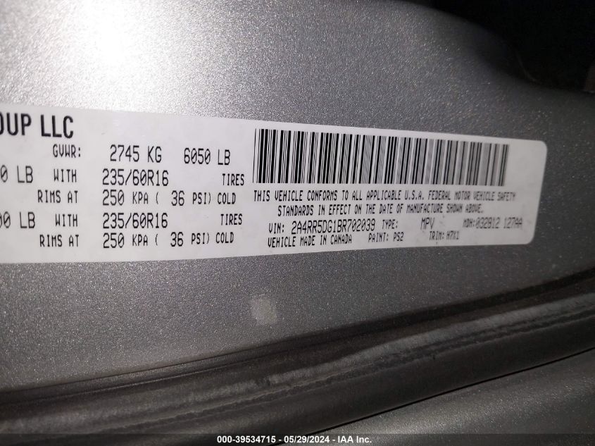 2011 Chrysler Town & Country Touring VIN: 2A4RR5DG1BR702039 Lot: 39534715