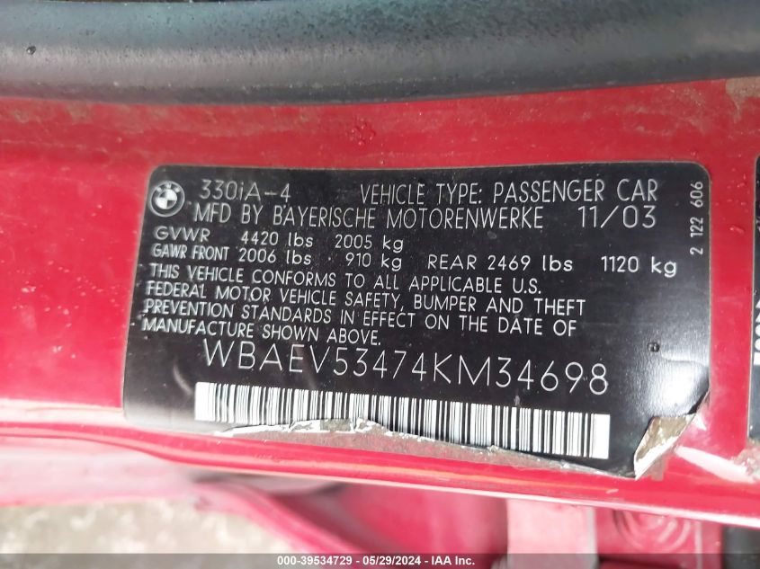 2004 BMW 330I VIN: WBAEV53474KM34698 Lot: 39534729