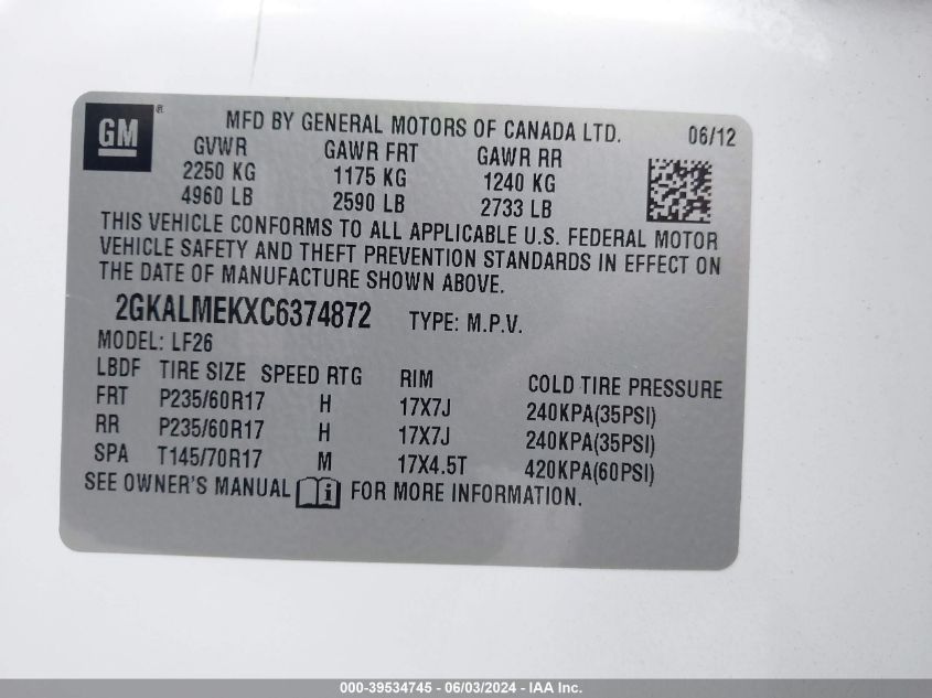 2012 GMC Terrain Sle-1 VIN: 2GKALMEKXC6374872 Lot: 39534745