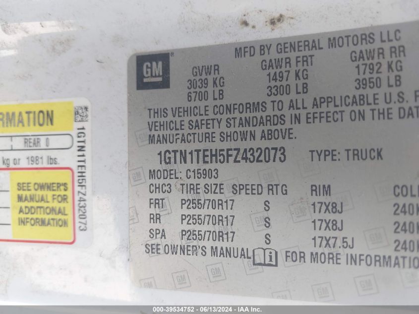 2015 GMC Sierra 1500 VIN: 1GTN1TEH5FZ432073 Lot: 39534752