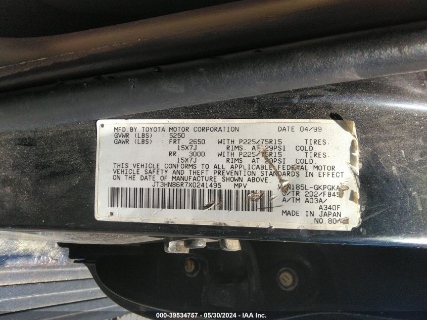 1999 Toyota 4Runner Sr5 V6 VIN: JT3HN86R7X0241495 Lot: 39534757
