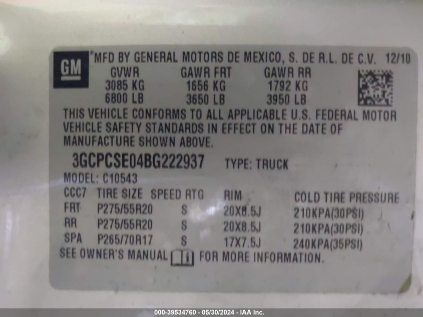 2011 Chevrolet Silverado 1500 Lt VIN: 3GCPCSE04BG222937 Lot: 39534760
