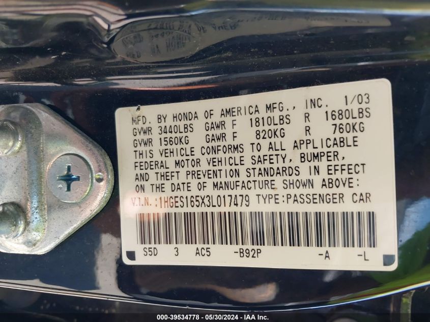 2003 Honda Civic Lx VIN: 1HGES165X3L017479 Lot: 39534778