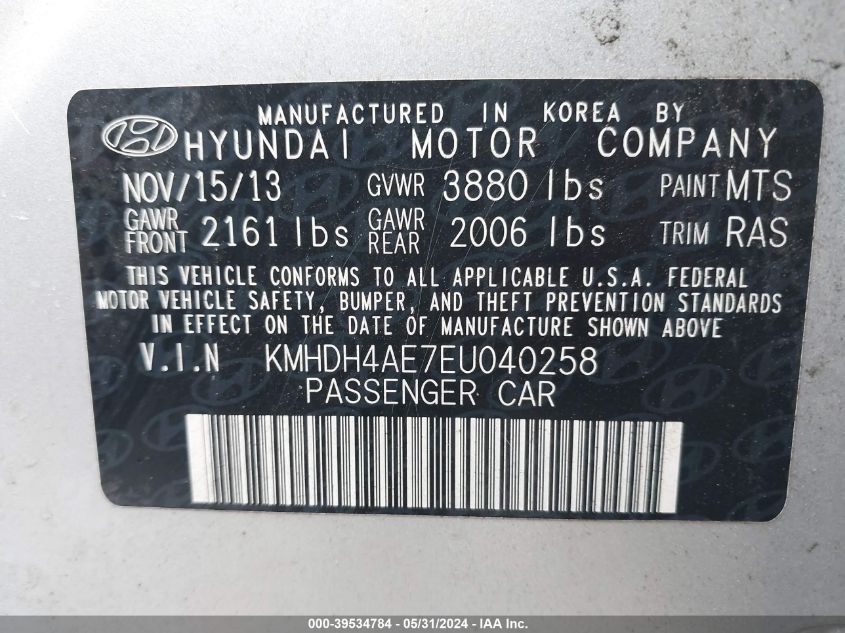2014 Hyundai Elantra Se VIN: KMHDH4AE7EU040258 Lot: 39534784