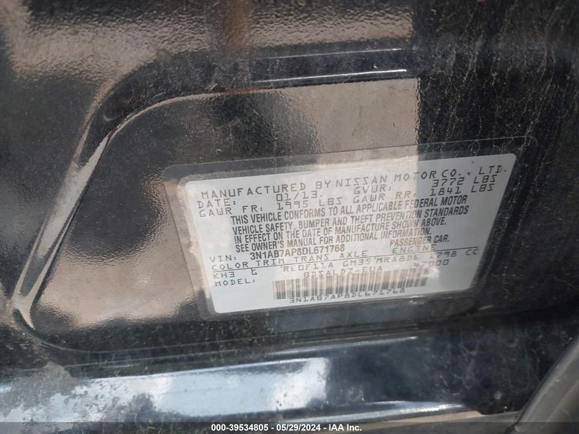 2013 Nissan Sentra Sv VIN: 3N1AB7AP8DL671768 Lot: 39534805