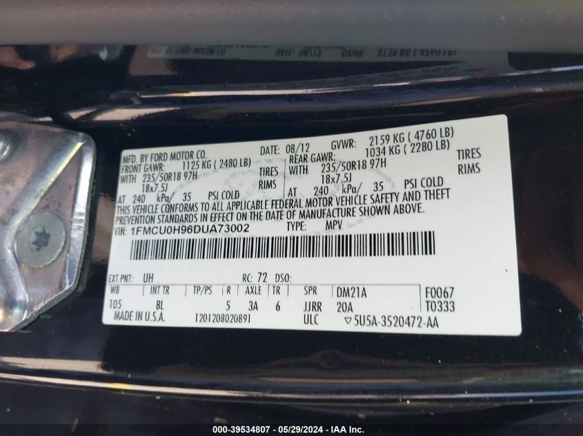 2013 Ford Escape Sel VIN: 1FMCU0H96DUA73002 Lot: 39534807