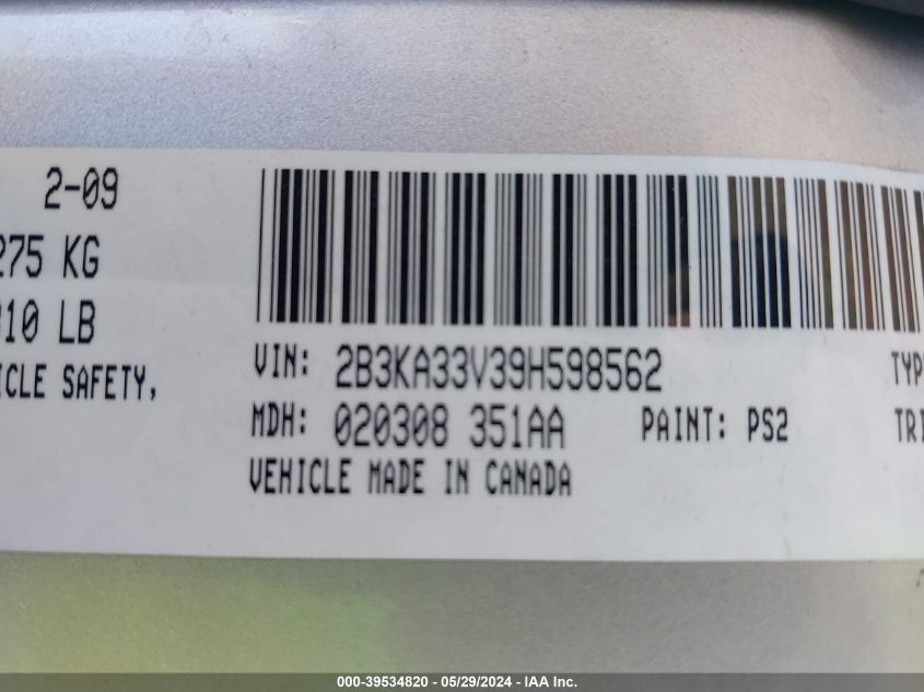 2009 Dodge Charger Sxt VIN: 2B3KA33V39H598562 Lot: 39534820