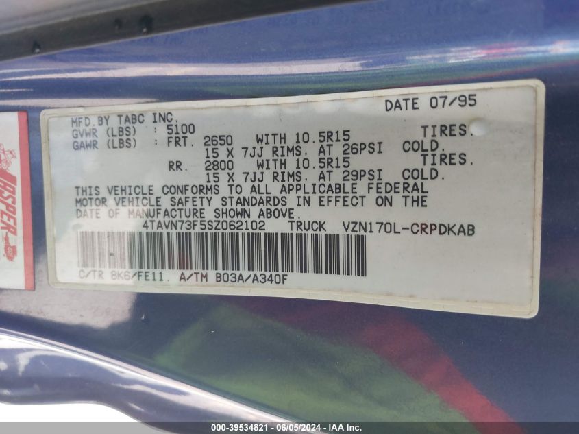 1995 Toyota Tacoma Xtracab VIN: 4TAVN73F5SZ062102 Lot: 39534821