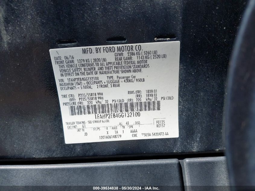 2016 Ford Taurus Sel VIN: 1FAHP2E84GG132100 Lot: 39534838