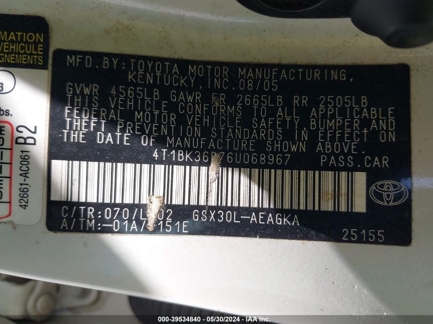 2006 Toyota Avalon Xls VIN: 4T1BK36B76U068967 Lot: 39534840