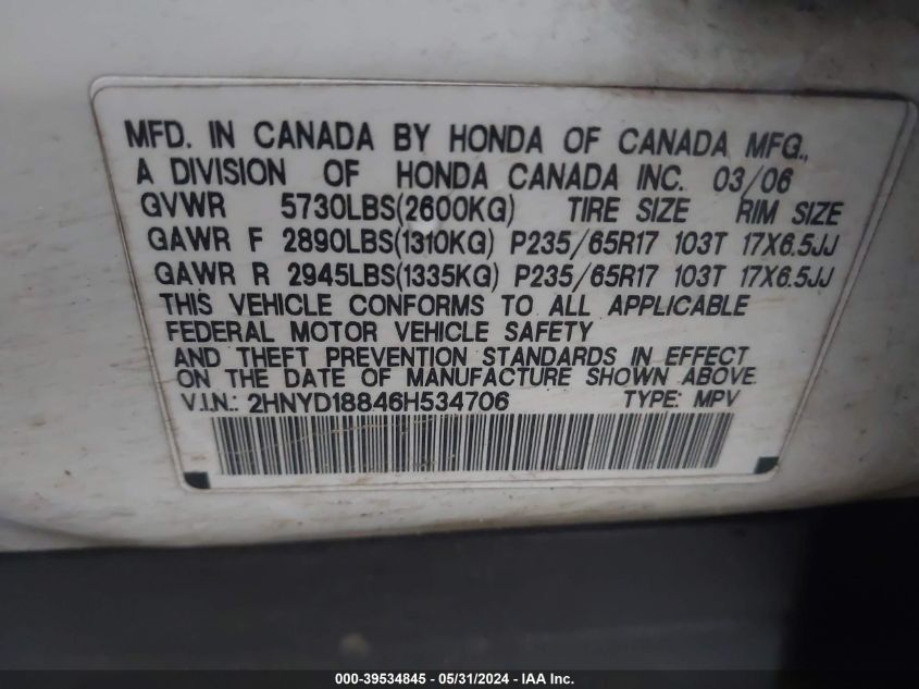 2006 Acura Mdx VIN: 2HNYD18846H534706 Lot: 39534845