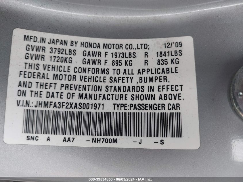 2010 Honda Civic Hybrid VIN: JHMFA3F2XAS001971 Lot: 39534850